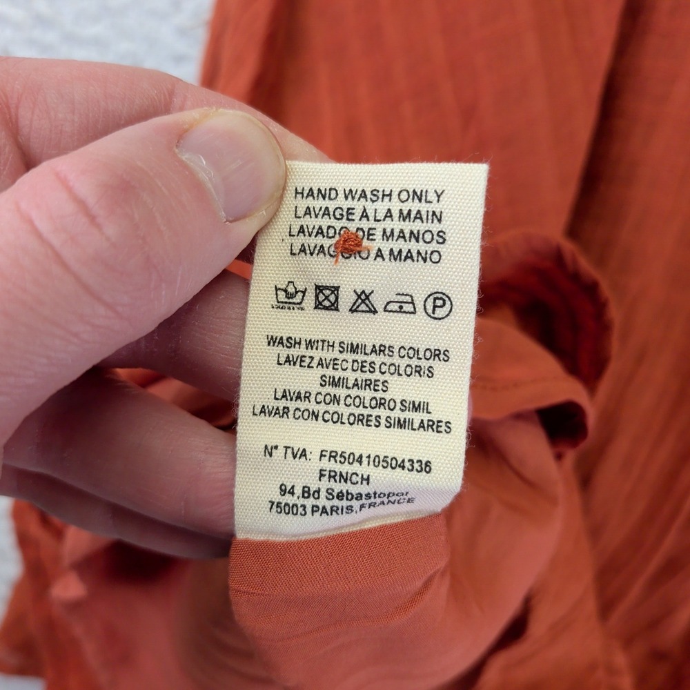 FRNCH Paris Rust Orange Cotton Button Front Tie Shoulder Midi Dress XS F11473 - Picture 9 of 9